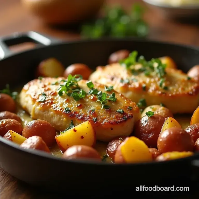 Onepan Wonder Golden Garlic Parmesan Chicken Herby Roasted Potatoes presentation