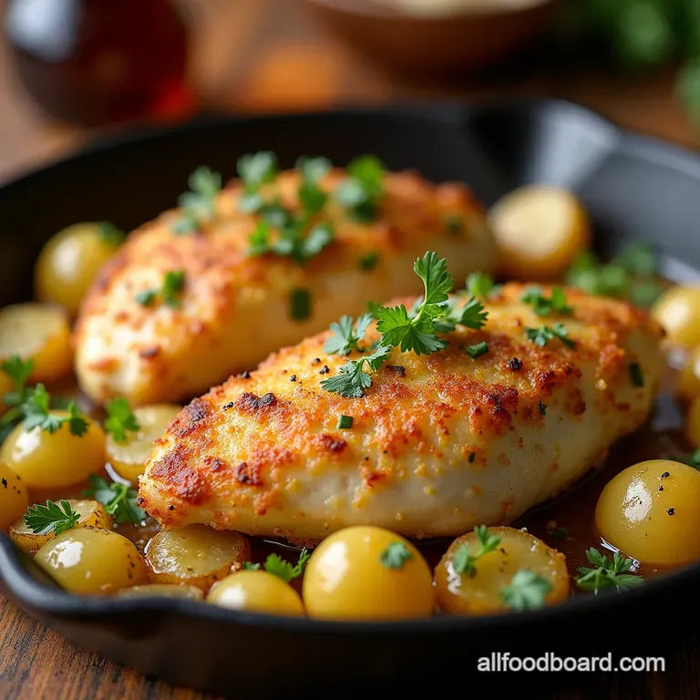 Golden Crusted Garlic Parmesan Chicken and Potatoes Skillet presentation