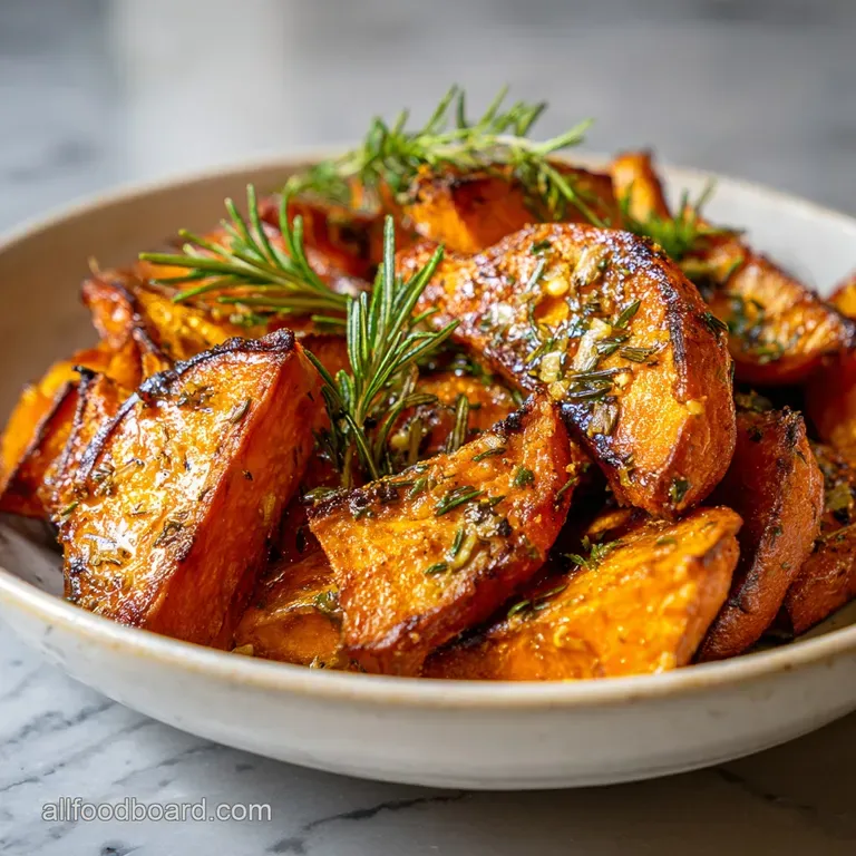 Glossy sweet potato wedges artfully arranged on a white plate, glistening with oil and herbs, ready to serve as a side dish.