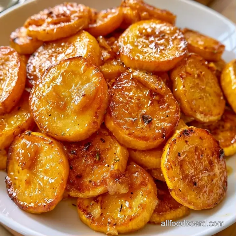 Vibrant yellow squash slices piled elegantly on a white ceramic plate, garnished with herbs and cracked black pepper.