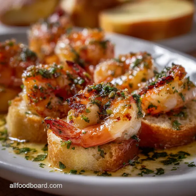 Elegant plate featuring plump shrimp, artfully arranged with roasted garlic cloves and a drizzle of olive oil, ready to se...