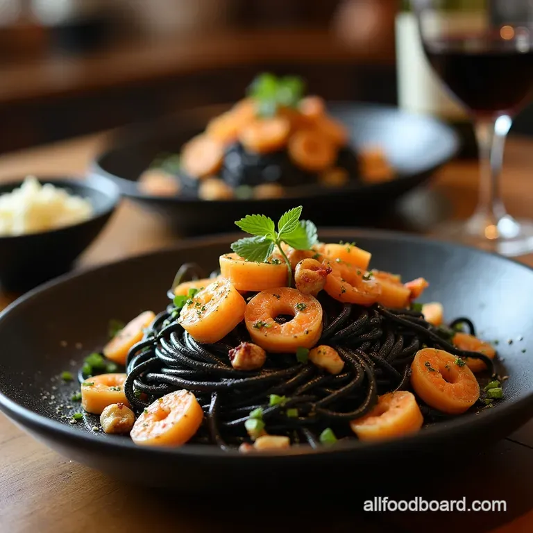The Black Counts Feast Dramatic Squid Ink Pasta with Prawns and Charred Garlic presentation