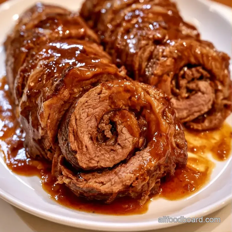 Elegantly sliced meat rolls on a white platter, surrounded by a pool of deep brown gravy and a sprig of fresh herbs.