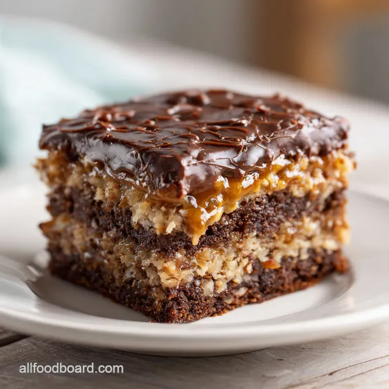 Slice of German chocolate cake showcasing dark, moist cake layers and a luscious coconut-pecan frosting, sprinkled with co...
