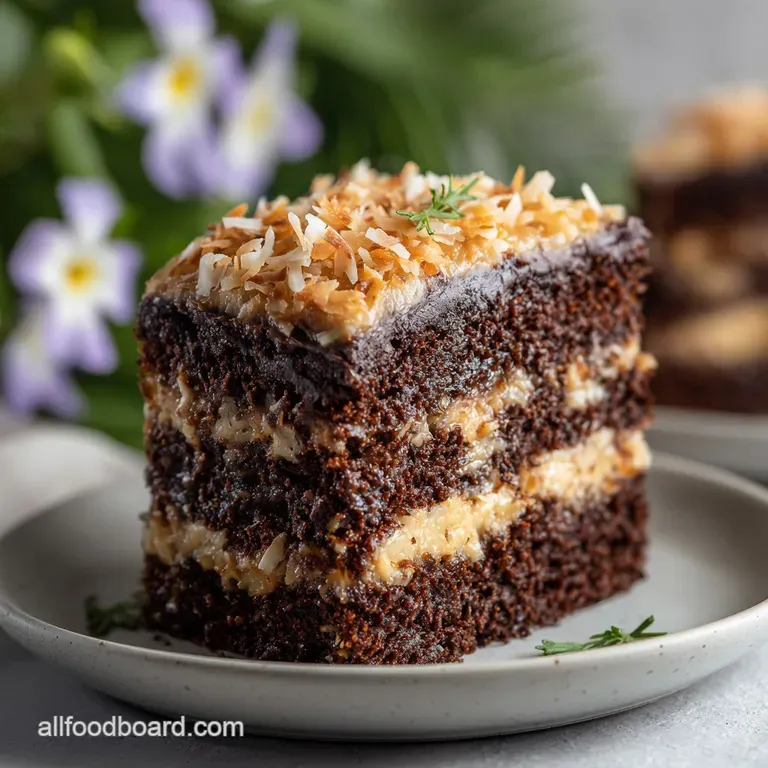 Elegant slice of dark cake with textured golden frosting on a white plate, paired with a silver fork and napkin.