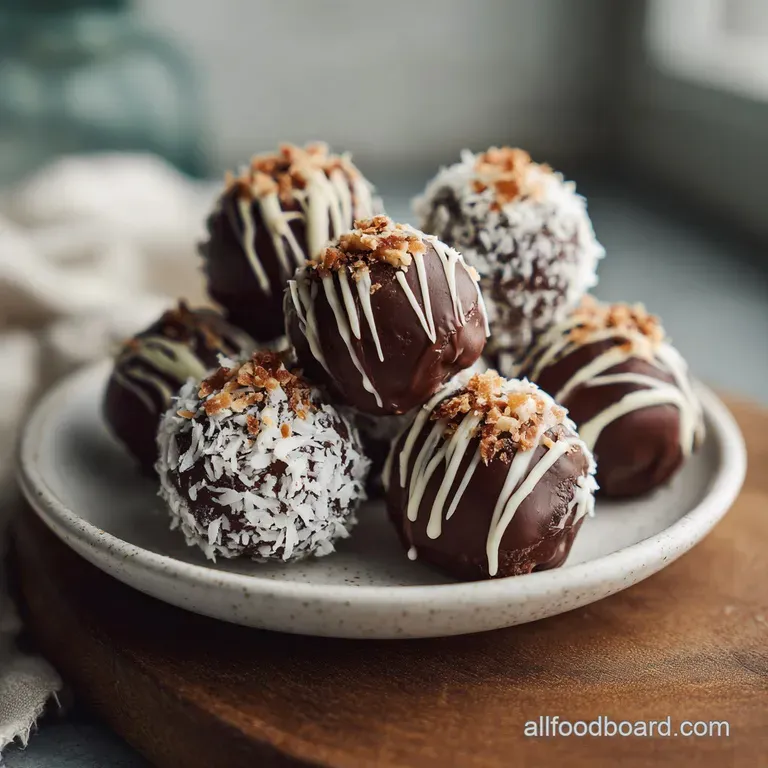 A cluster of deep brown German chocolate truffles, speckled with coconut, presented on a clean white plate, smooth and cre...