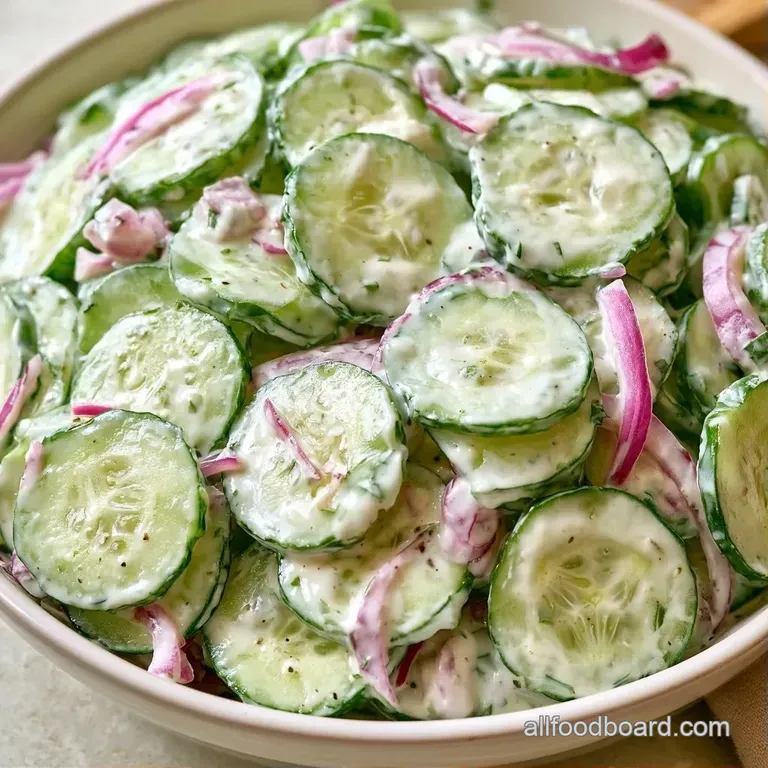 Chilled cucumber slices coated in a velvety white sauce, garnished with dill in a modern, minimalist white bowl.