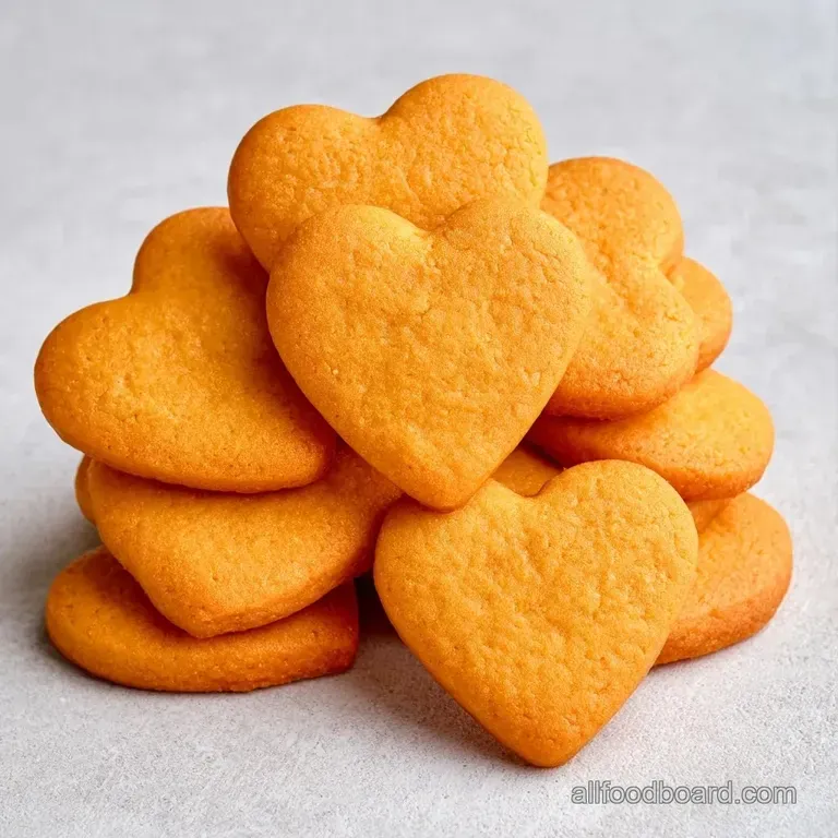 Heart-shaped golden biscuits arranged neatly on a white ceramic plate beside a small bowl of fresh cream.