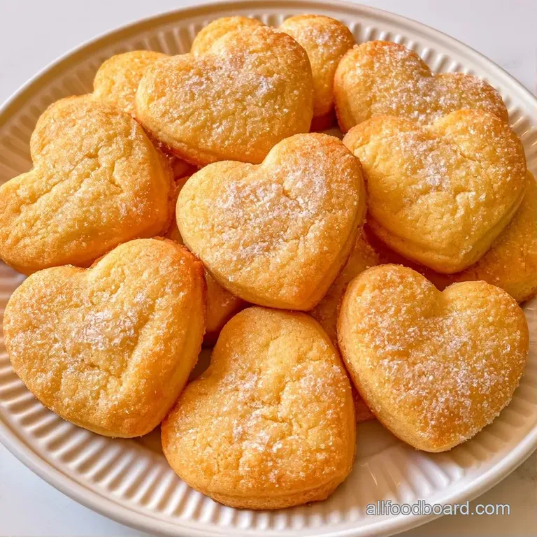 Heart-shaped honey biscuits arranged on a white ceramic plate beside a small glass jar of amber honey.