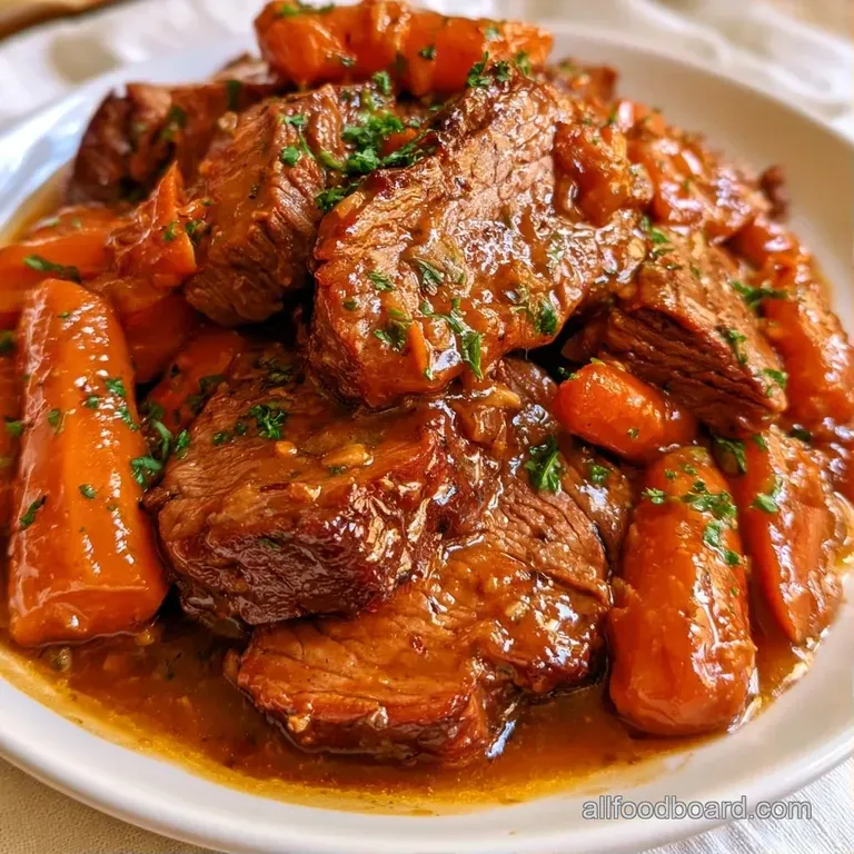 Slices of succulent, browned beef drizzled with glossy red wine sauce and garnished with fresh parsley on a white plate.