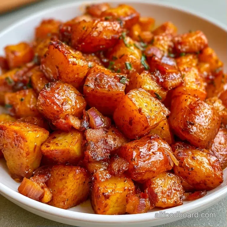 A white ceramic bowl filled with glazed gold potatoes, scattered red onion slices, and a garnish of fresh herbs.