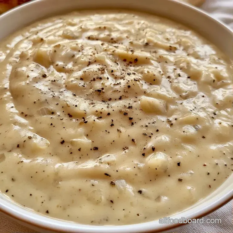 Silky white cream sauce elegantly drizzled over seared pork medallions on a white matte ceramic plate.