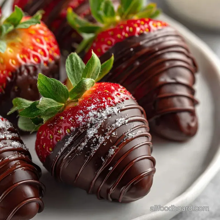 Elegant arrangement of chocolate-covered strawberries on a white plate. The deep red contrasts beautifully with the smooth...