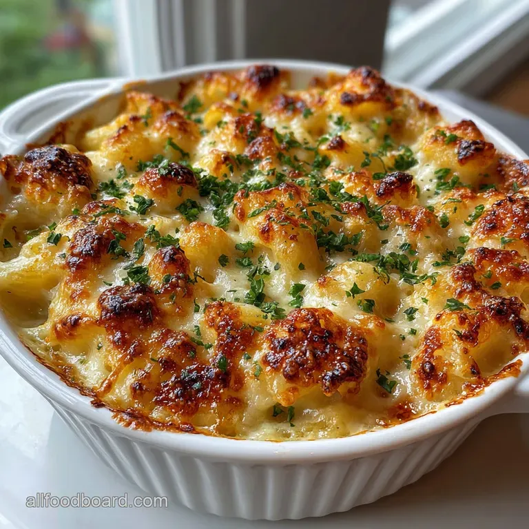 Elegant serving of gourmet mac and cheese, bacon crust, garnished with fresh chives, in a white porcelain bowl. Rich and d...