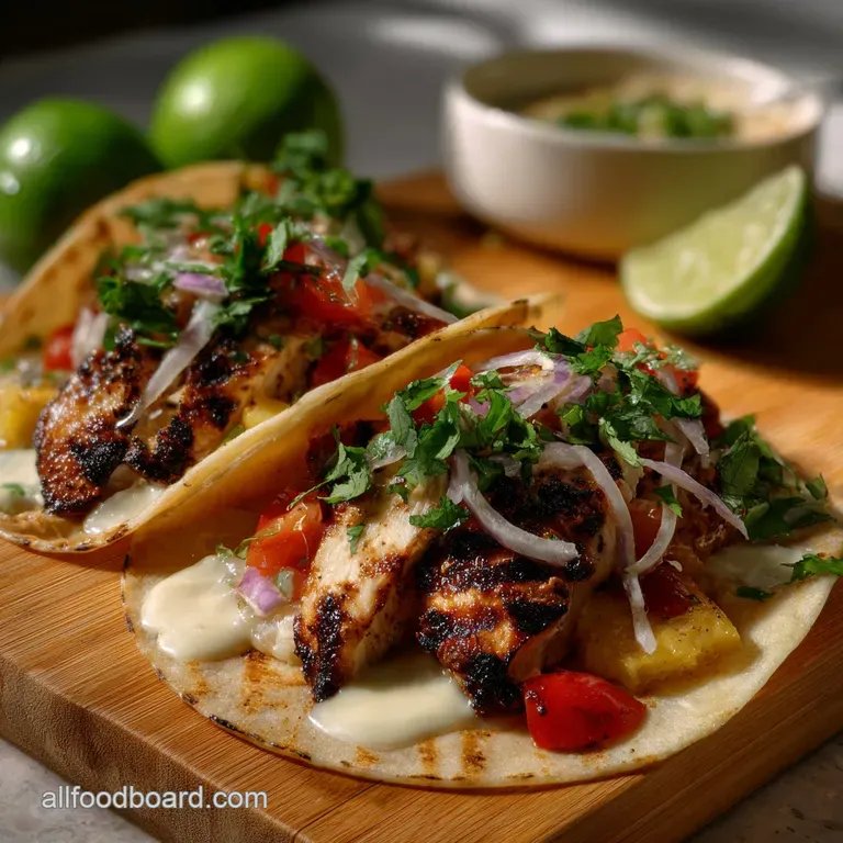 Elegant plating of grilled chicken street taco, showcasing the smoky chicken, colorful salsa, and fresh herbs, next to a l...