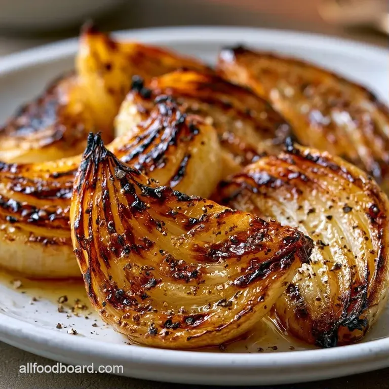 Neatly arranged charred onion pieces on a white ceramic plate with a drizzle of balsamic and fresh parsley.