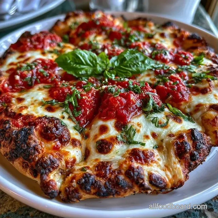Slices of charred flatbread topped with molten white cheese and basil on a rustic dark wood serving board.