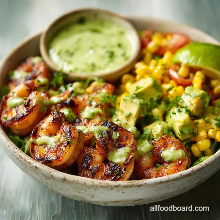 Grilled shrimp and corn salsa bowl, artfully arranged. Creamy lime sauce swirls, pops of cilantro, showcasing fresh ingred...