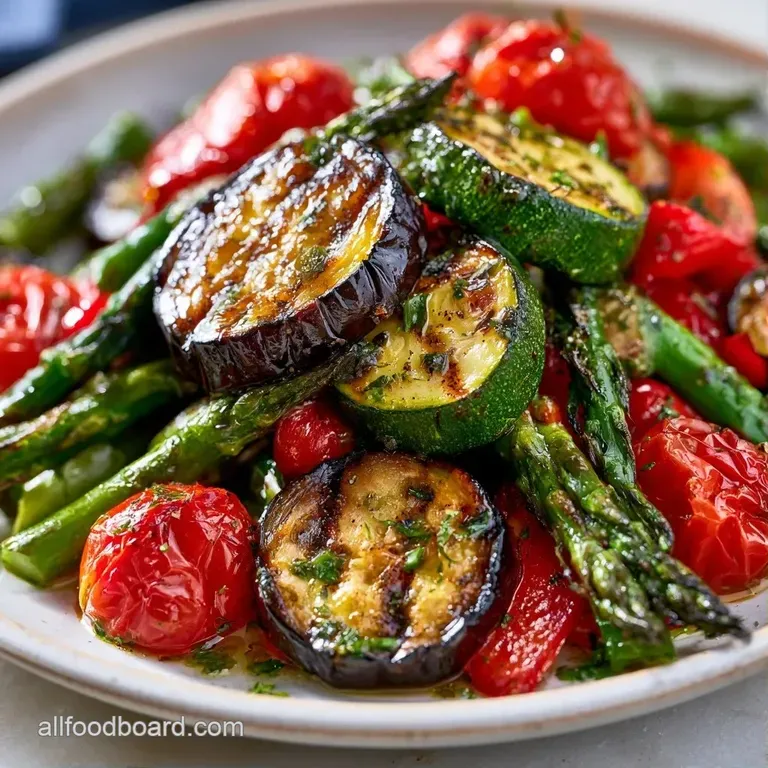 Artfully arranged charred summer vegetables on a matte ceramic plate, finished with a sprinkle of fresh parsley.