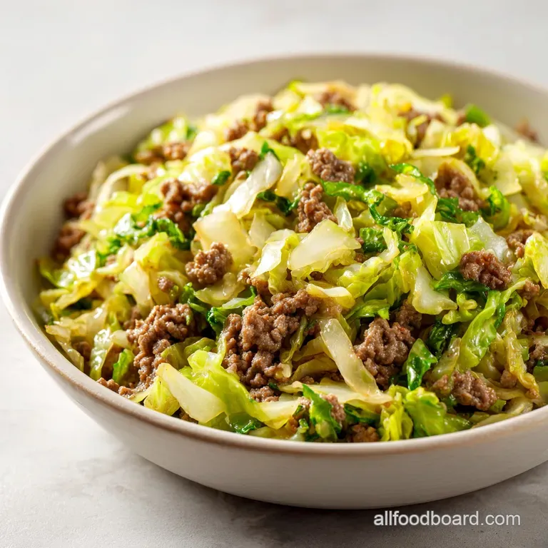 Hearty portion of savory beef and cabbage, artfully plated with a sprinkle of fresh parsley and steam rising.