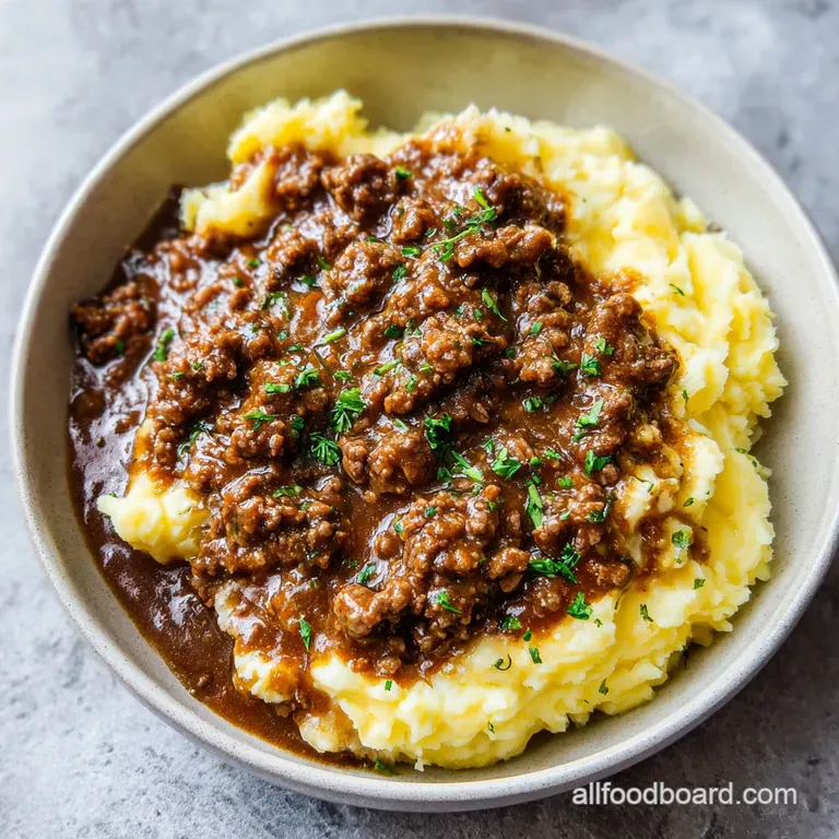 A perfectly portioned mound of creamy mashed potatoes, crowned with savory ground beef and glossy, dark gravy.