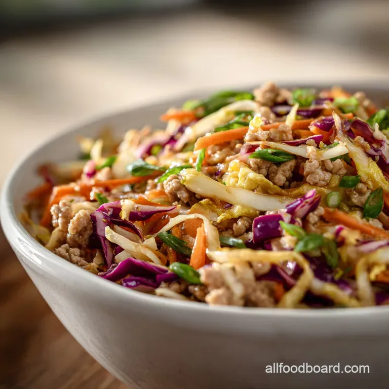Plated bowl overflowing with savory ground turkey and colorful shredded vegetables, topped with sesame seeds and a drizzle...