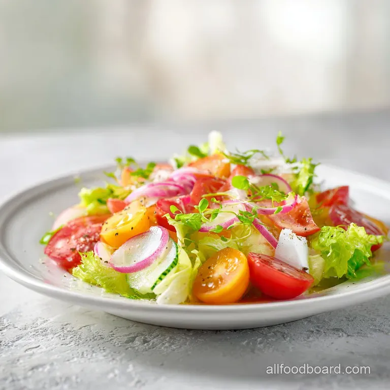 A fresh salad piled high on a white plate, featuring crisp lettuce, juicy tomatoes, and a swirl of herbal dressing.