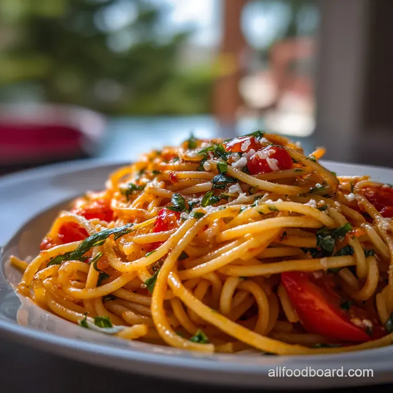 Elegant plate of glistening Haitian spaghetti topped with fresh parsley. Peppers & hot dogs are nestled in the savory red ...