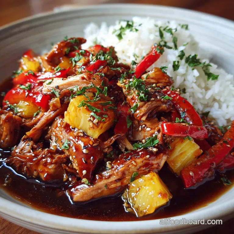 Glossy Hawaiian chicken piled high on fluffy rice, garnished with green onions and sesame seeds, ready to eat.