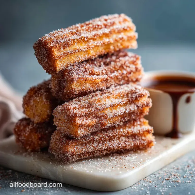 Pile of golden-brown air fryer churro bites on a white plate, drizzled with dark chocolate sauce and sprinkled with cinnamon.
