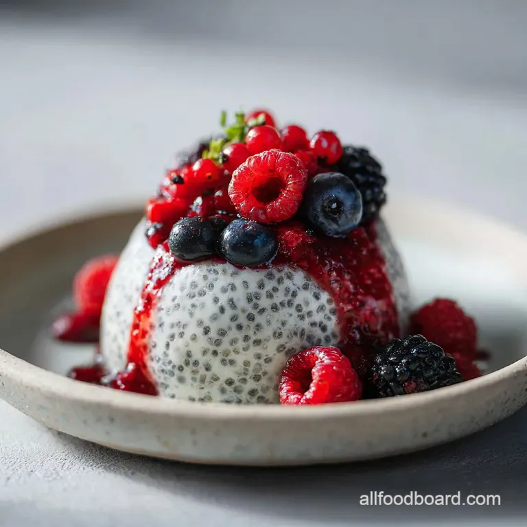 Layered white coconut seeds and purple berry swirls in a crystal glass topped with a sprig of fresh mint.