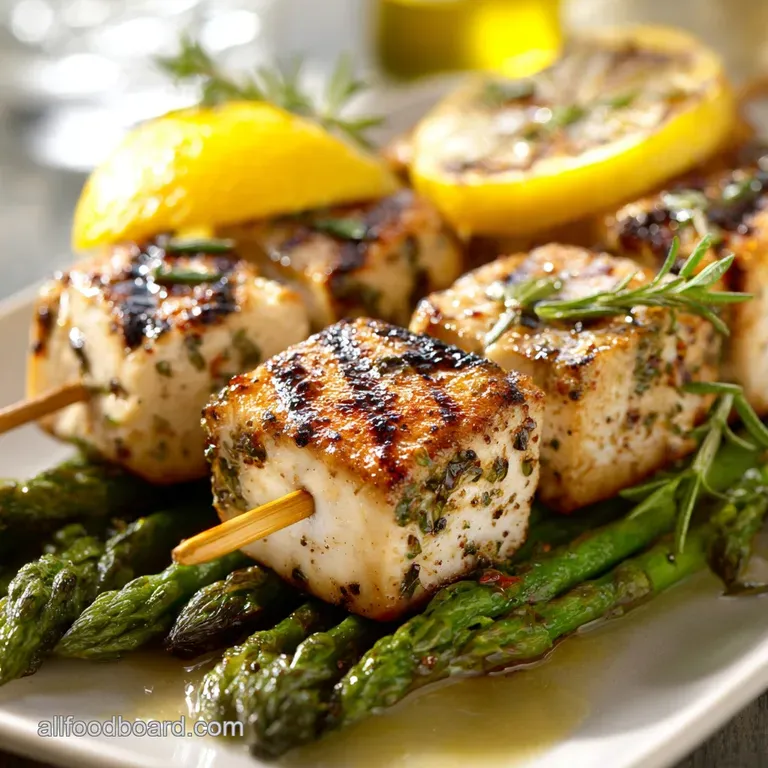Healthy Grilling Recipes: the Best Lemon-Herb Swordfish Asparagus Skewers presentation
