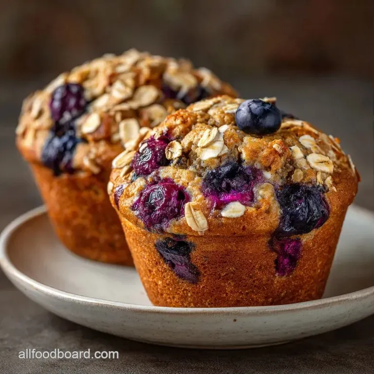 Three golden muffins arranged on a rustic wooden board with a small bowl of fresh huckleberries on the side.