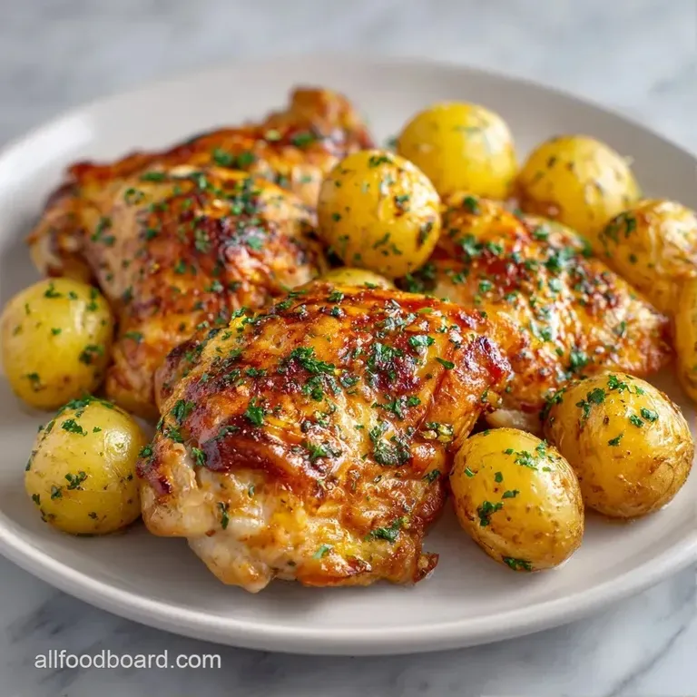 Sliced tender chicken breast and soft baby potatoes elegantly plated with a sprig of thyme and a light drizzle.