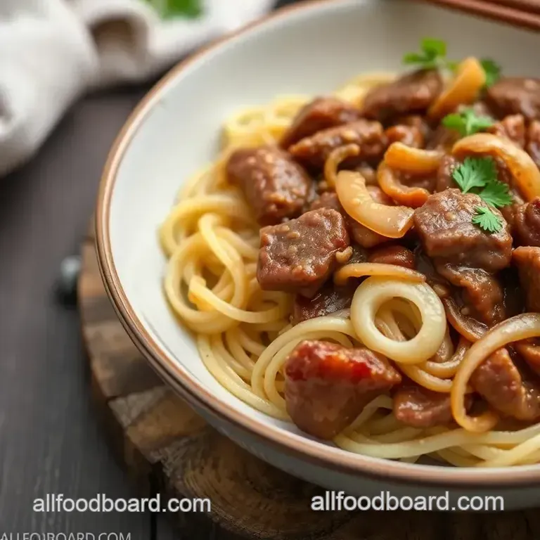 Sautéed Beef with Sweet Onions and Noodles presentation