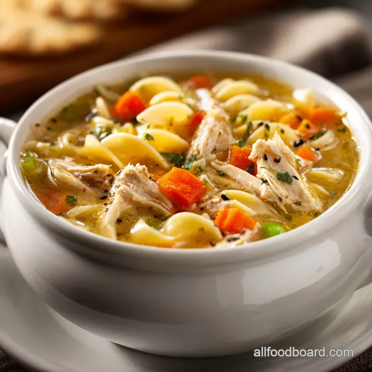 A comforting bowl of hearty turkey soup, steam rising, with a sprig of fresh parsley on top.