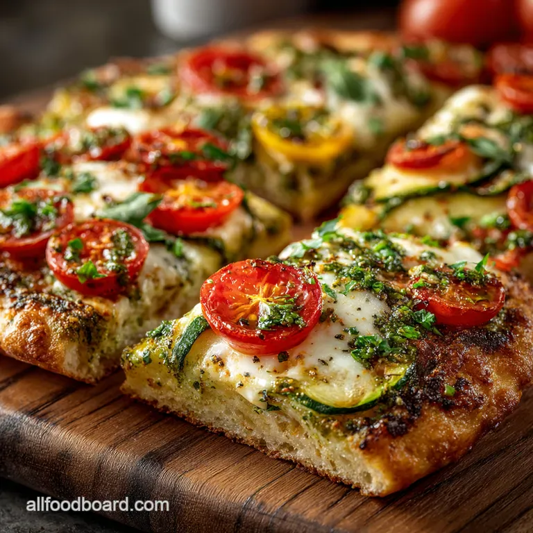 Heirloom Tomato Zucchini Mozzarella Pesto Flatbread