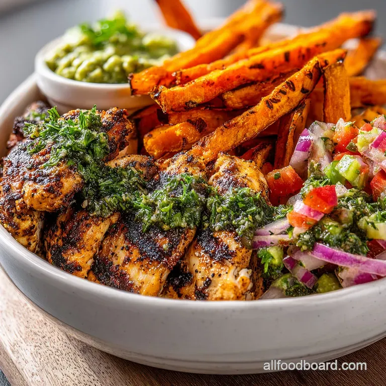 A beautifully plated bowl reveals golden sweet potato fries, glistening chicken, and creamy avocado salsa, topped with fre...
