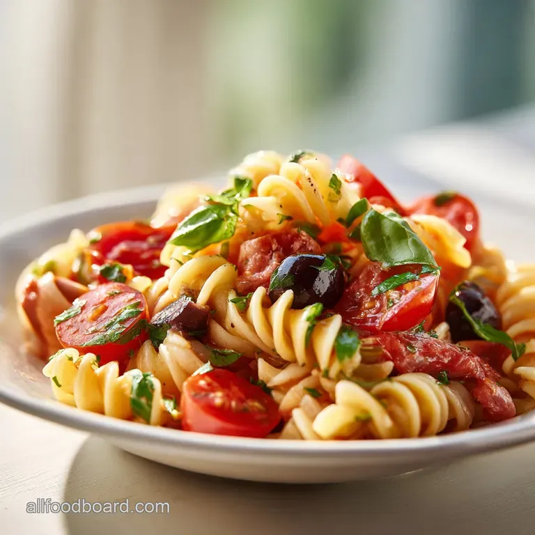 A serving of pasta salad shines with glistening olive oil. Bright tomatoes & basil contrast creamy mozzarella. Inviting & ...