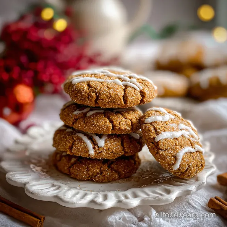 Stacked spiced ginger cookies tied with rustic twine, showcasing the cookies' texture and warm color against a blurred, fe...