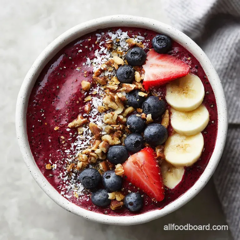 A beautifully arranged acai bowl with artful swirls of granola, colorful fruit, and a sprinkle of shredded coconut. Creamy...