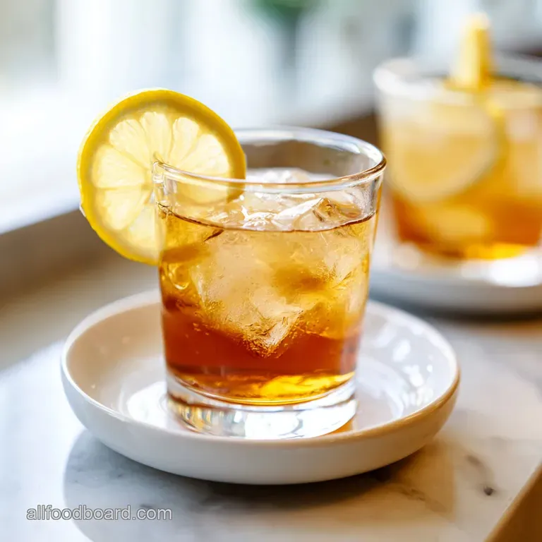 A chilled glass of Arnold Palmer, garnished with a lemon slice, sits on a rustic wooden table.