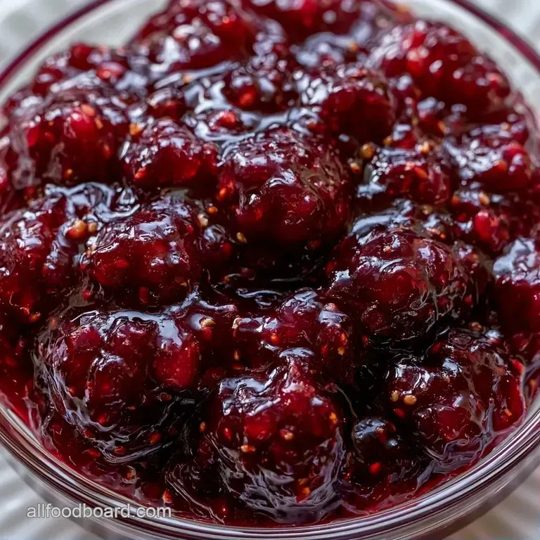 A dollop of thick, dark violet preserve resting on a buttery toasted slice of sourdough bread with a sprig of mint.