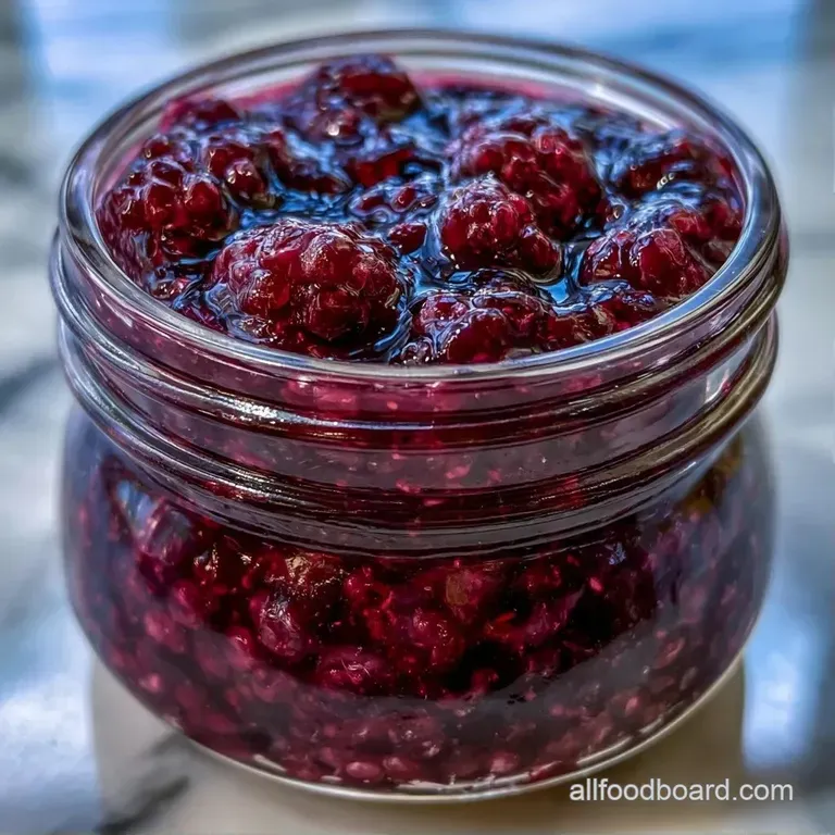 A dollop of dark violet fruit preserve resting on golden-brown toasted sourdough bread with a sprinkle of sea salt.