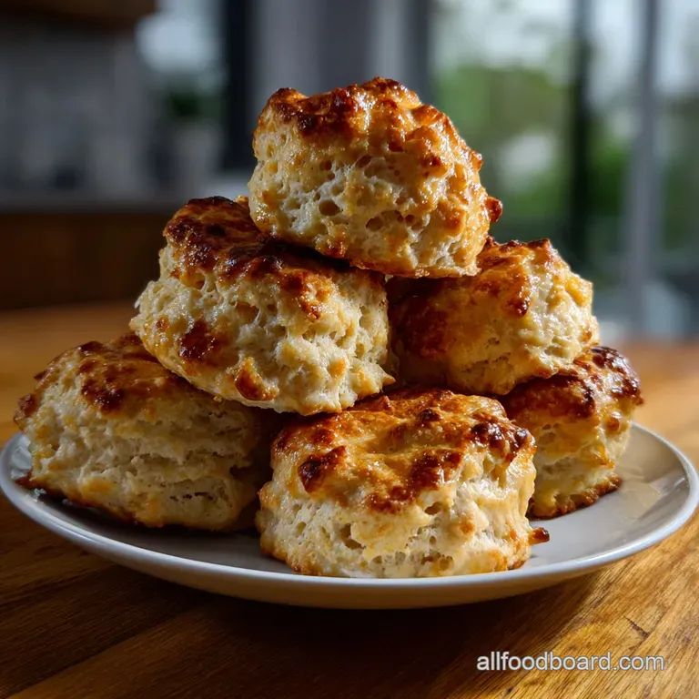 Two freshly baked biscuits artfully plated on a white ceramic plate, drizzled with honey, evoking a warm, comforting morni...