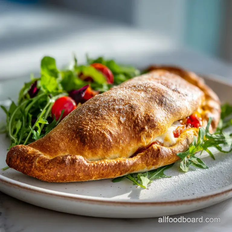 Single calzone on a white plate, oozing melted cheese and tomato sauce, garnished with fresh basil leaves and cracked pepper.