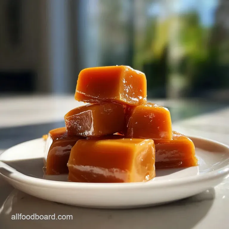 Stack of glistening caramels drizzled with melted chocolate and sprinkled with sea salt flakes, presented on a white plate.