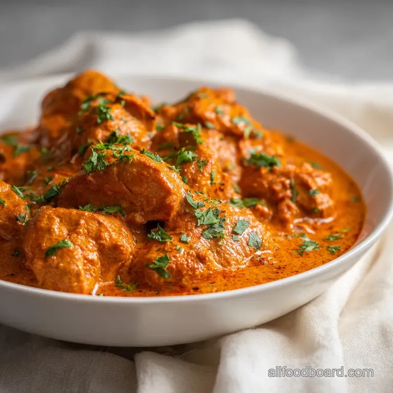 Tender chicken tikka chunks nestled in a vibrant, creamy orange sauce, artfully plated with a swirl of yogurt and cilantro.