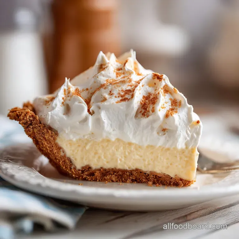 A single slice of creamy coconut pie, its smooth filling contrasting with a crisp crust, garnished with a delicate swirl o...