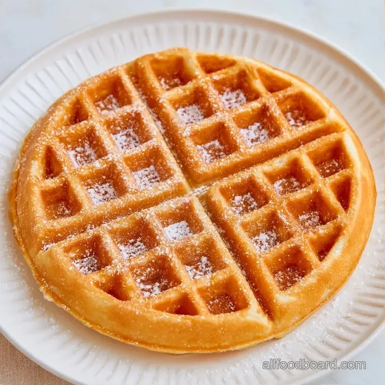 A single fluffy Belgian waffle, perfectly golden, topped with fresh berries and a dollop of whipped cream.